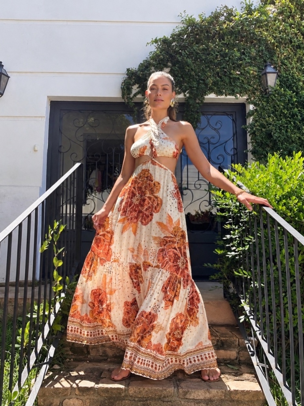 FARM Rio Anthropologie Floral Cutout Halter Maxi Dress Size Large
